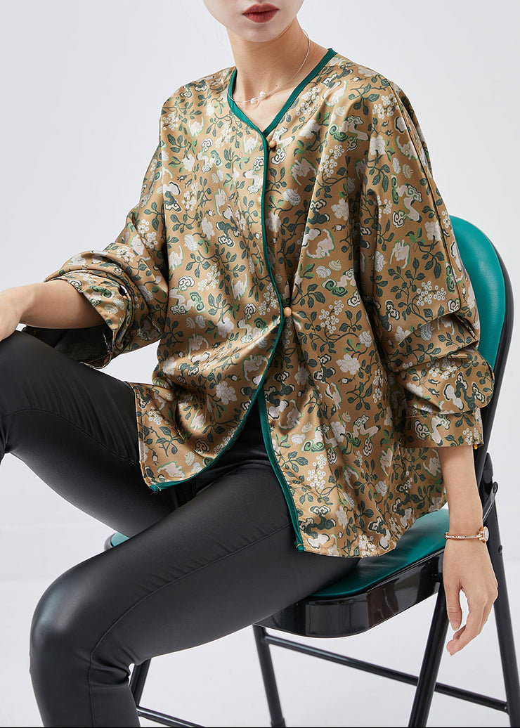 Simple Green Oversized Print Draping Silk Shirts Spring