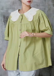 Simple Green Peter Pan Collar Patchwork Cotton Blouse Top Summer