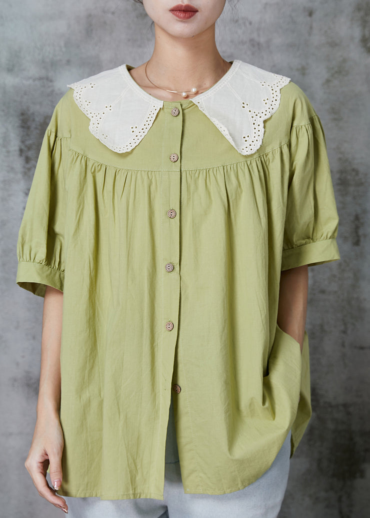 Simple Green Peter Pan Collar Patchwork Cotton Blouse Top Summer