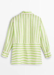Simple Green Peter Pan Collar Striped Button Low High Design Shirt Spring