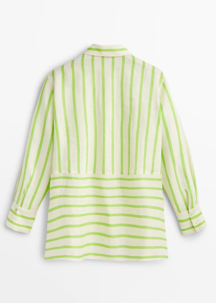 Simple Green Peter Pan Collar Striped Button Low High Design Shirt Spring
