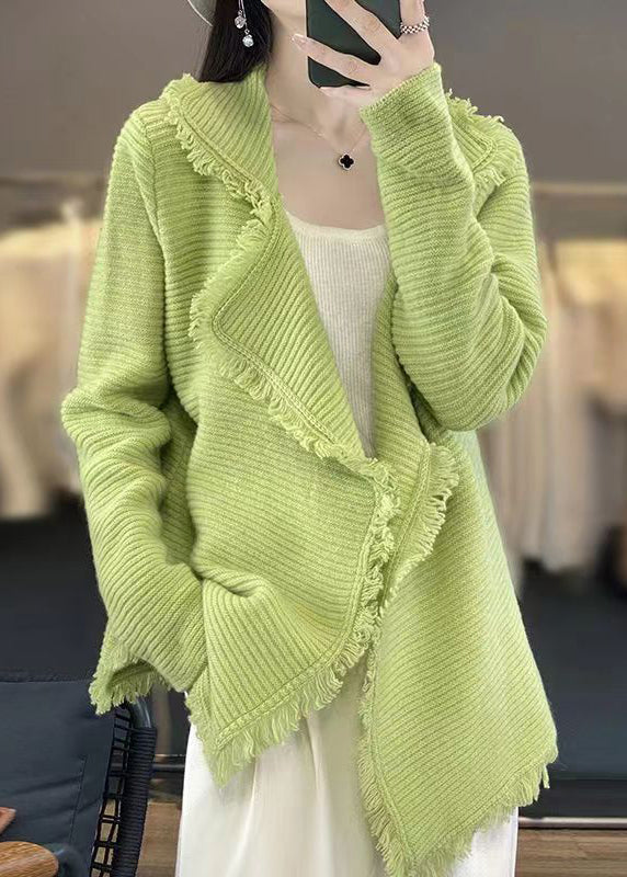 Simple Green Peter Pan Collar Tasseled Patchwork Wool Cardigan Fall