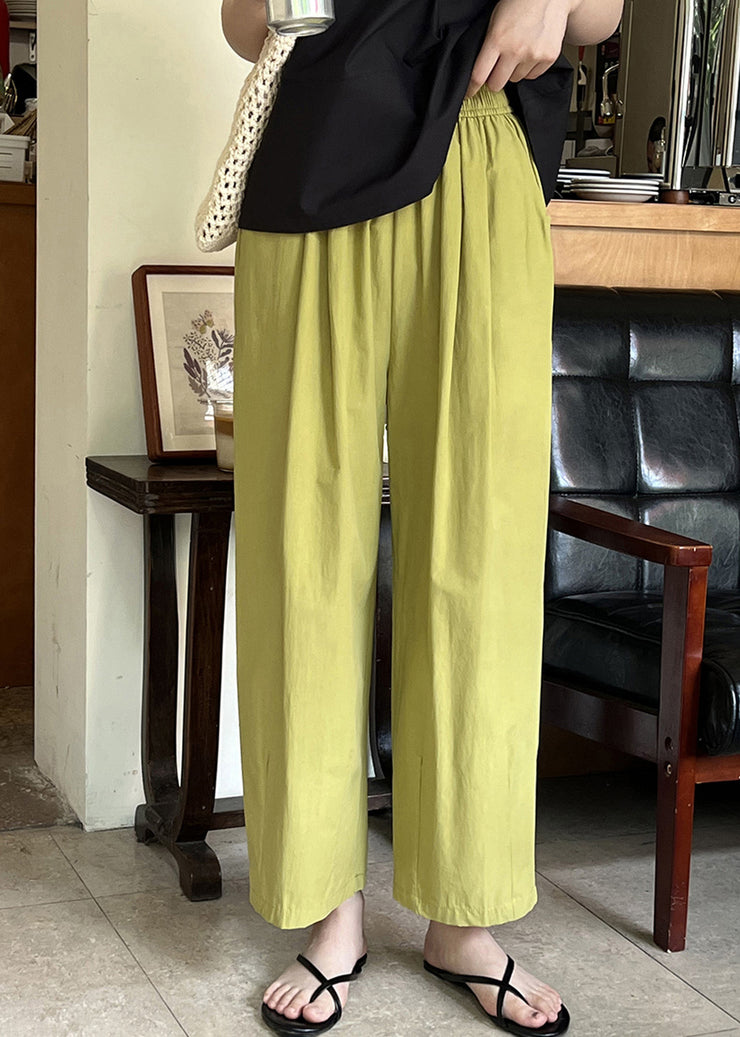 Simple Green Pockets Elastic Waist Cotton Crop Pants Summer