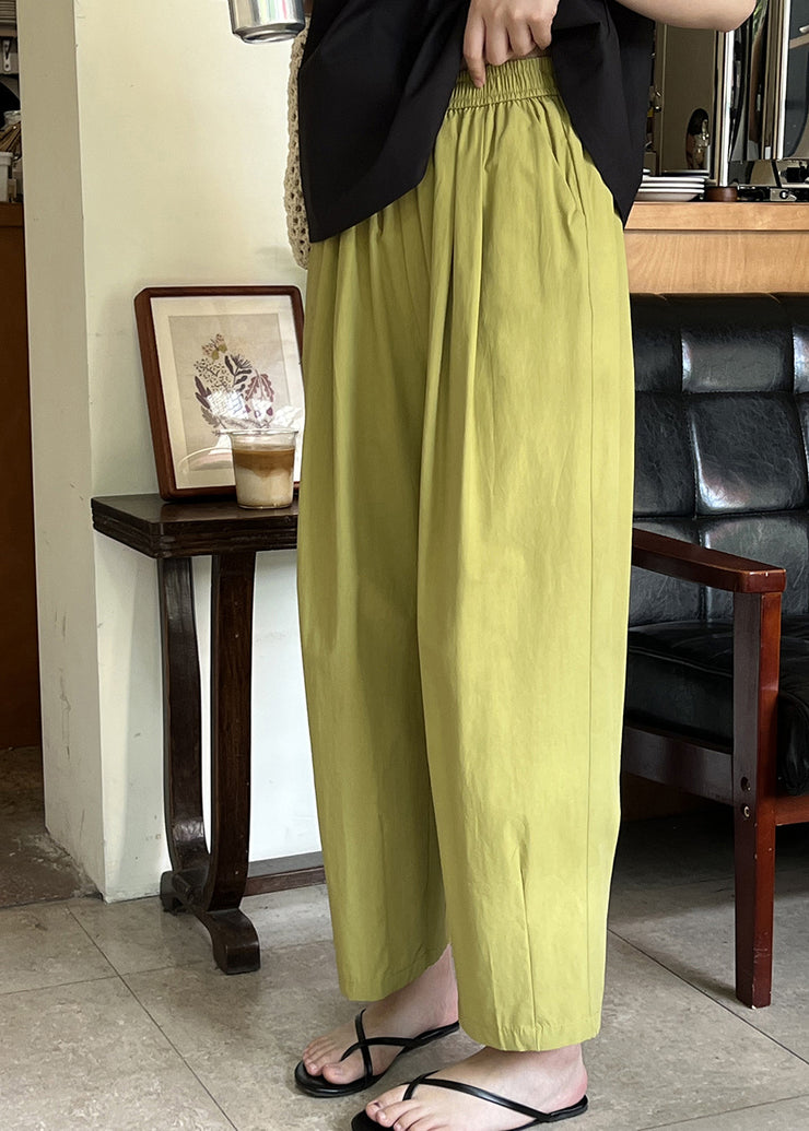 Simple Green Pockets Elastic Waist Cotton Crop Pants Summer