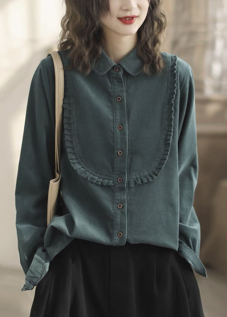 Simple Green Ruffled Patchwork Corduroy Shirt Top Spring