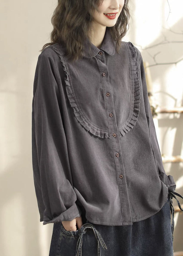 Simple Green Ruffled Patchwork Corduroy Shirt Top Spring