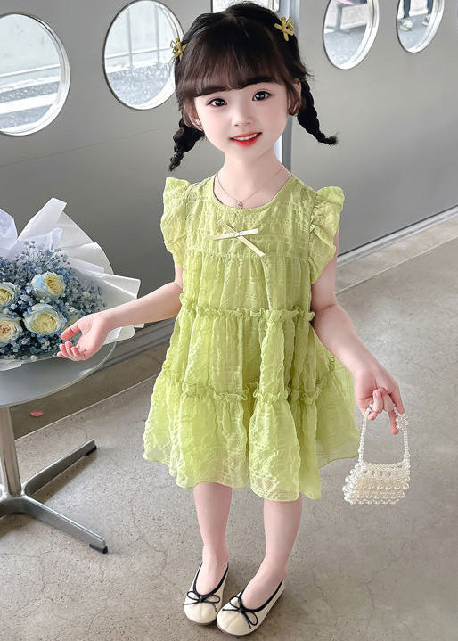 Simple Green Ruffled Patchwork Kids Long Dress Sleeveless