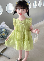 Simple Green Ruffled Patchwork Kids Long Dress Sleeveless