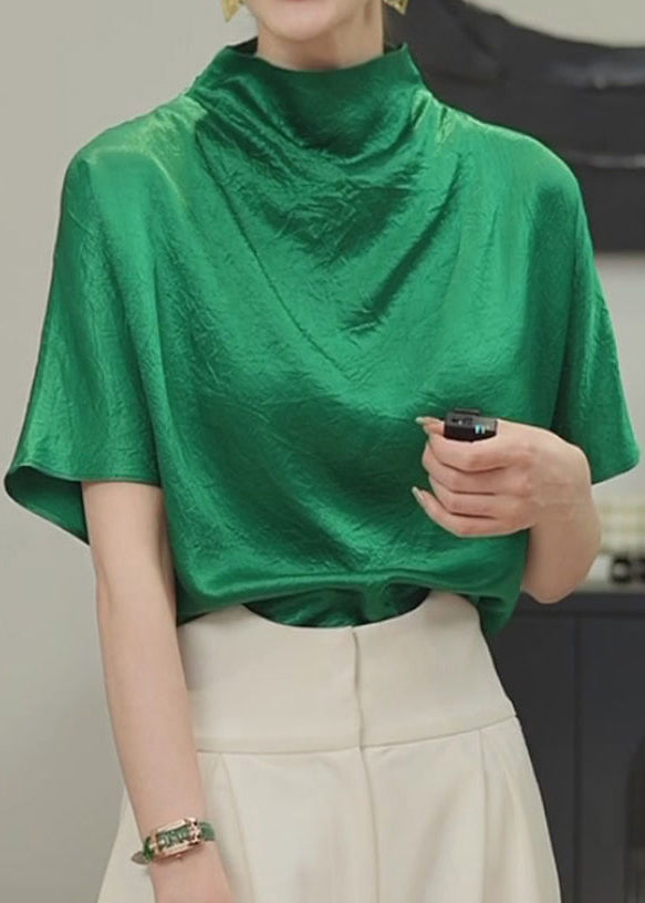 Simple Green Solid Turtleneck Cotton T Shirt Short Sleeve