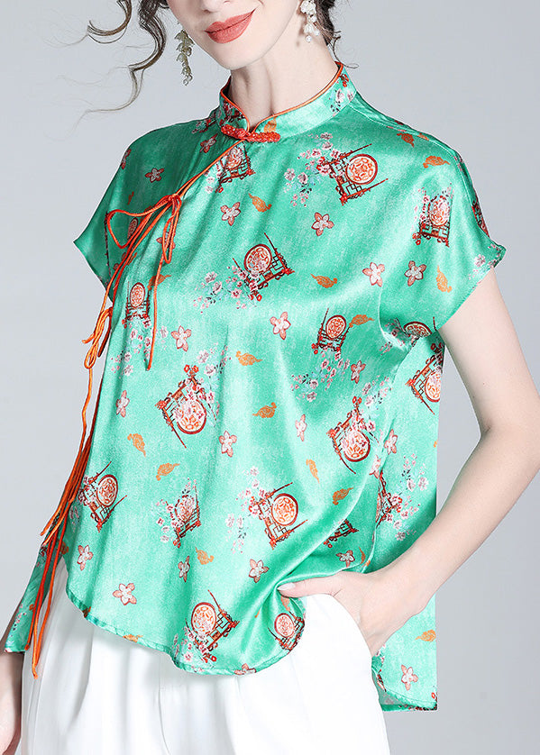 Simple Green Stand Collar Asymmetrical Print Button Silk Top Short Sleeve