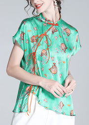 Simple Green Stand Collar Asymmetrical Print Button Silk Top Short Sleeve