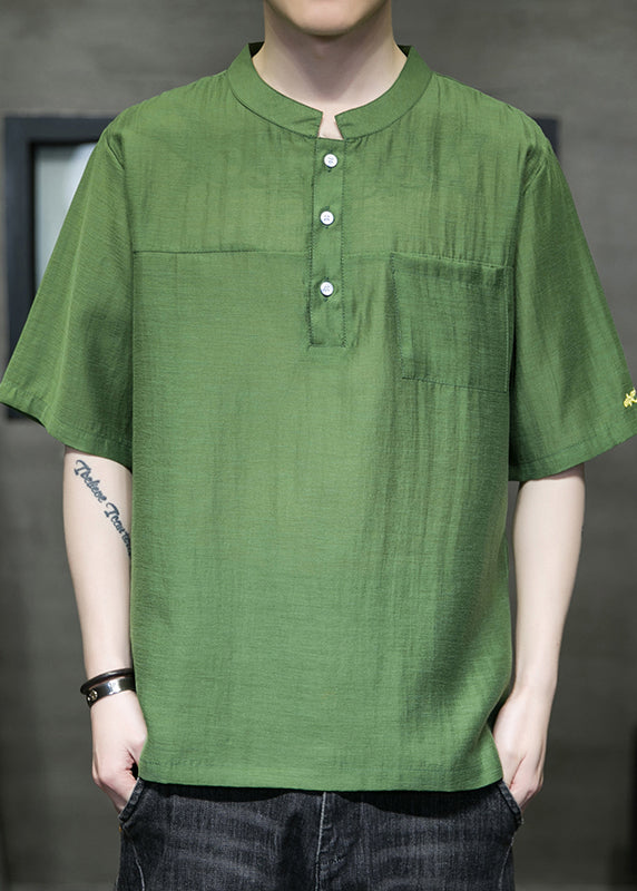 Simple Green Stand Collar Button Linen T Shirts Men Summer