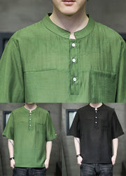 Simple Green Stand Collar Button Linen T Shirts Men Summer