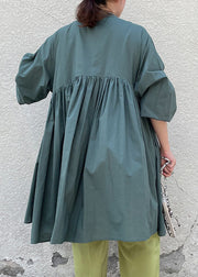 Simple Green Stand Collar Wrinkled Patchwork Cotton Dress Spring