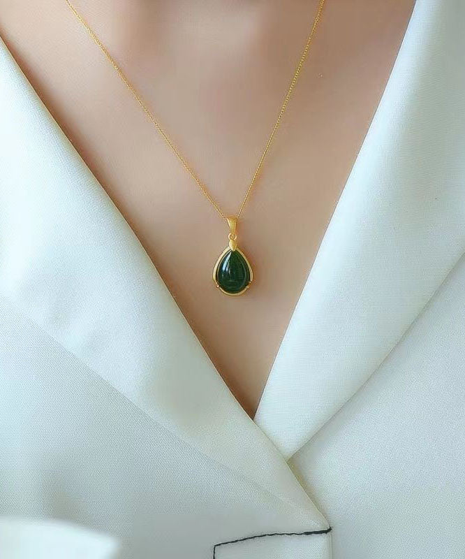 Simple Green Sterling Silver Overgild Jade Water Droplet Pendant Necklace