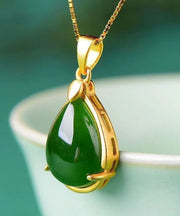 Simple Green Sterling Silver Overgild Jade Water Droplet Pendant Necklace