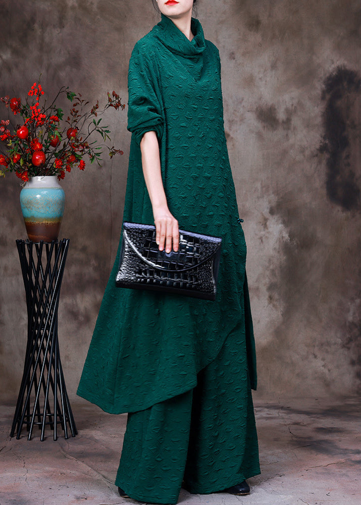 Simple Green Turtleneck Asymmetrical Silk Top And Wide Leg Pants Two Piece Set Fall