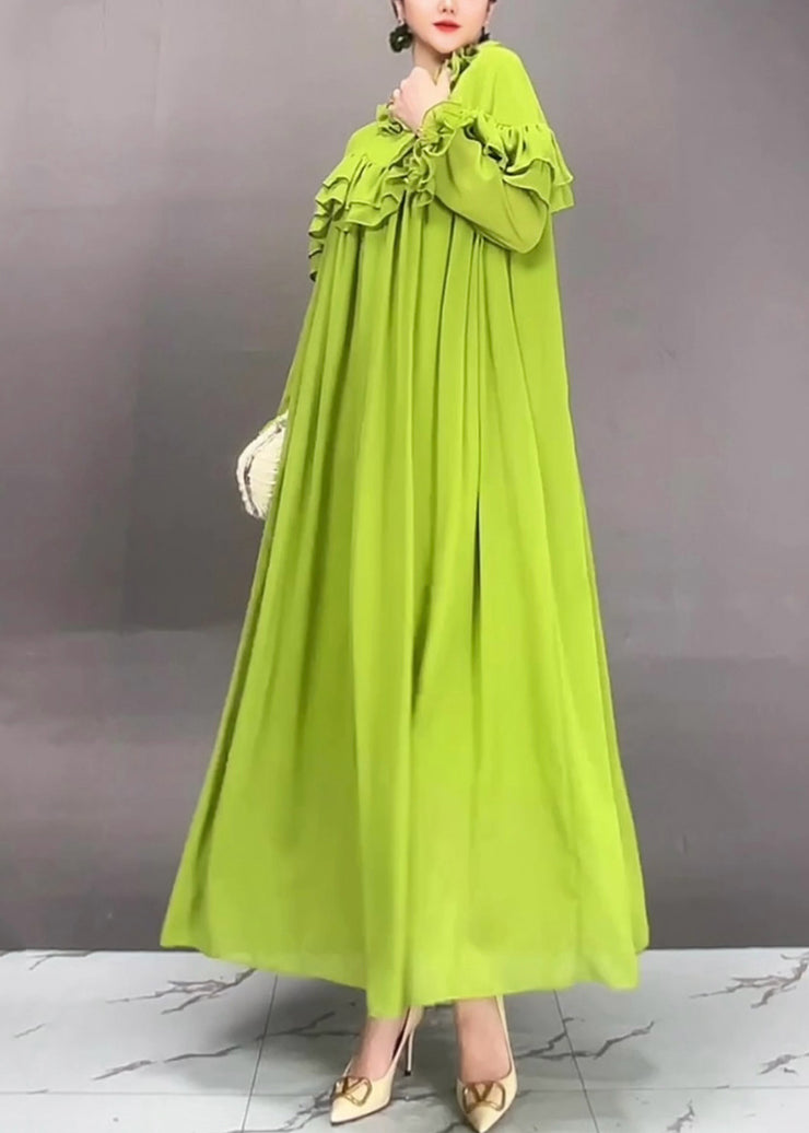 Simple Green Turtleneck Ruffled Patchwork Long Dress Petal Sleeve