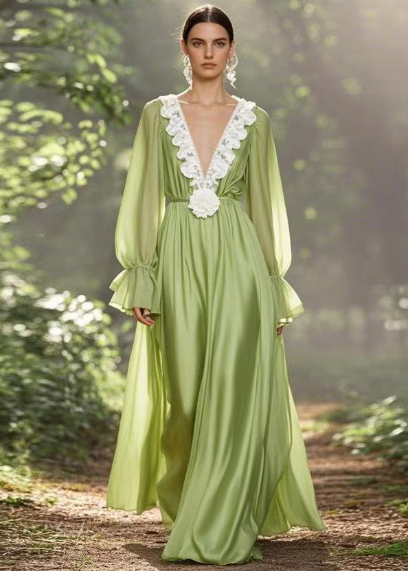 Simple Green V Neck High Waist Chiffon Ankle Dress Spring