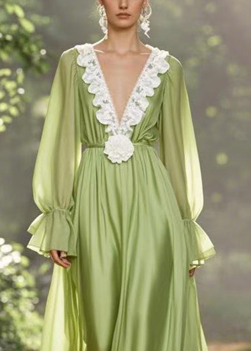 Simple Green V Neck High Waist Chiffon Ankle Dress Spring