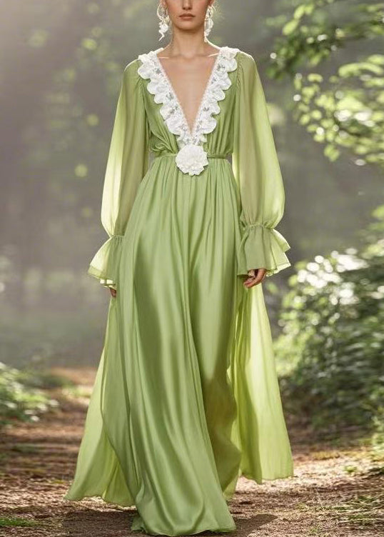 Simple Green V Neck High Waist Chiffon Ankle Dress Spring