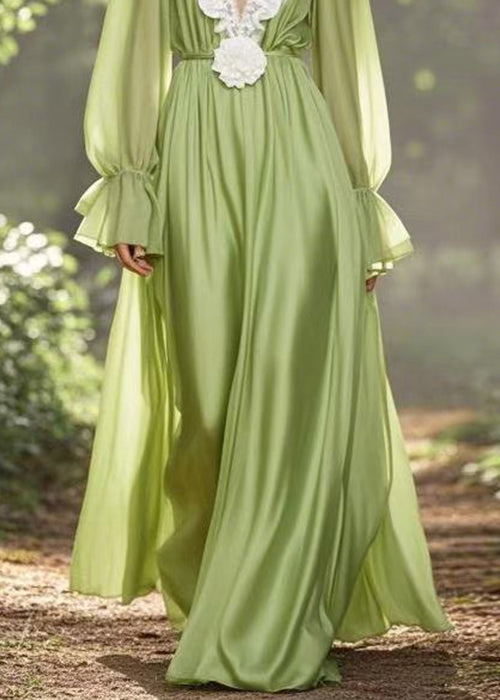 Simple Green V Neck High Waist Chiffon Ankle Dress Spring