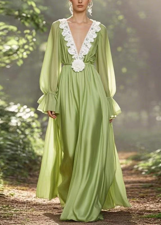 Simple Green V Neck High Waist Chiffon Ankle Dress Spring