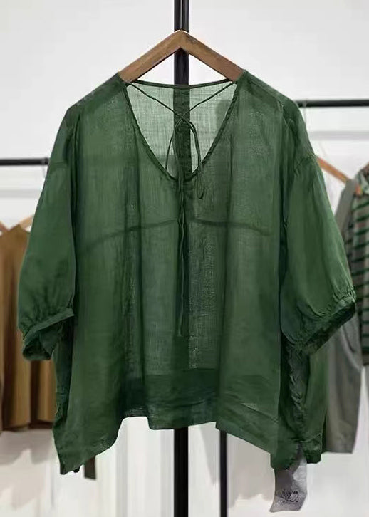 Simple Green V Neck Lace Up Cotton Top Half Sleeve