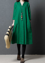 Simple Green V Neck Pockets Patchwork Linen Dress Fall