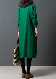 Simple Green V Neck Pockets Patchwork Linen Dress Fall