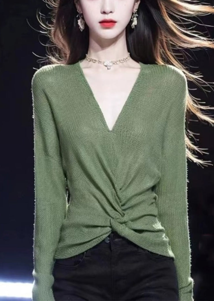 Simple Green V Neck Solid Cozy Knit Sweater Fall