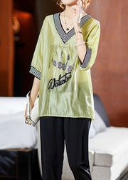 Simple Green V Neck Striped Embroideried Patchwork Cotton Blouses Summer