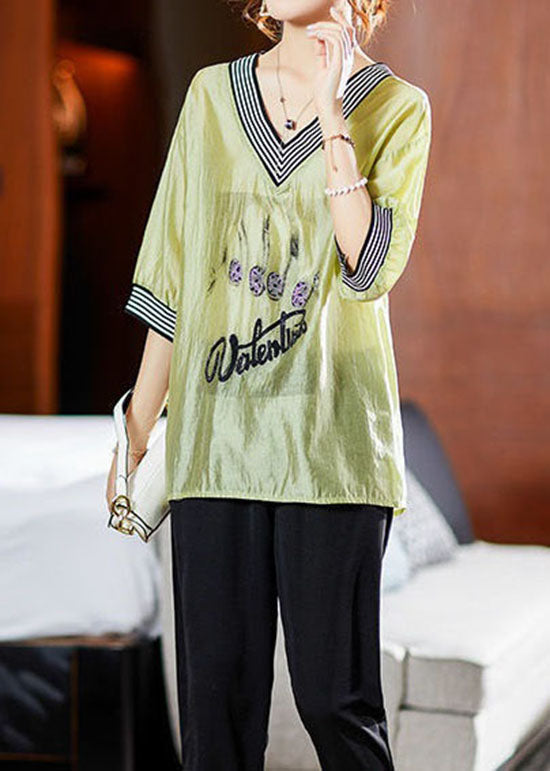 Simple Green V Neck Striped Embroideried Patchwork Cotton Blouses Summer