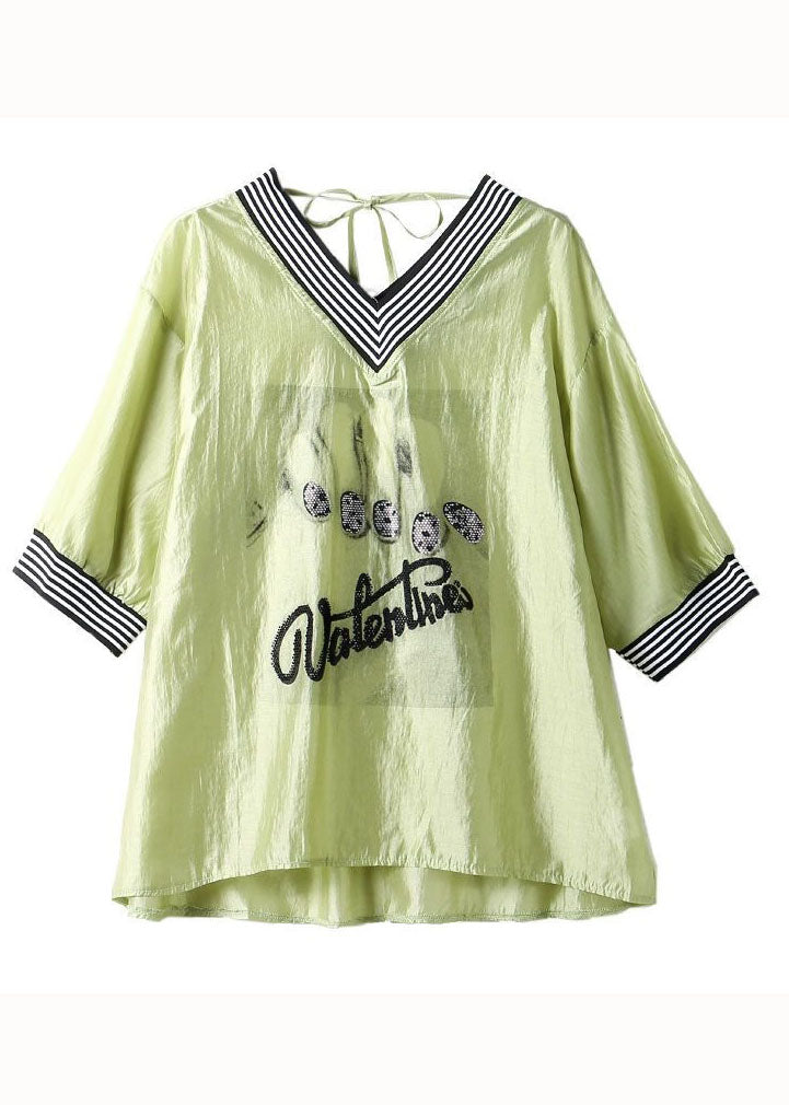 Simple Green V Neck Striped Embroideried Patchwork Cotton Blouses Summer