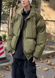 Simple Green Zip Up Pockets Solid Men Parka Spring