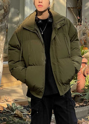 Simple Green Zip Up Pockets Solid Men Parka Spring