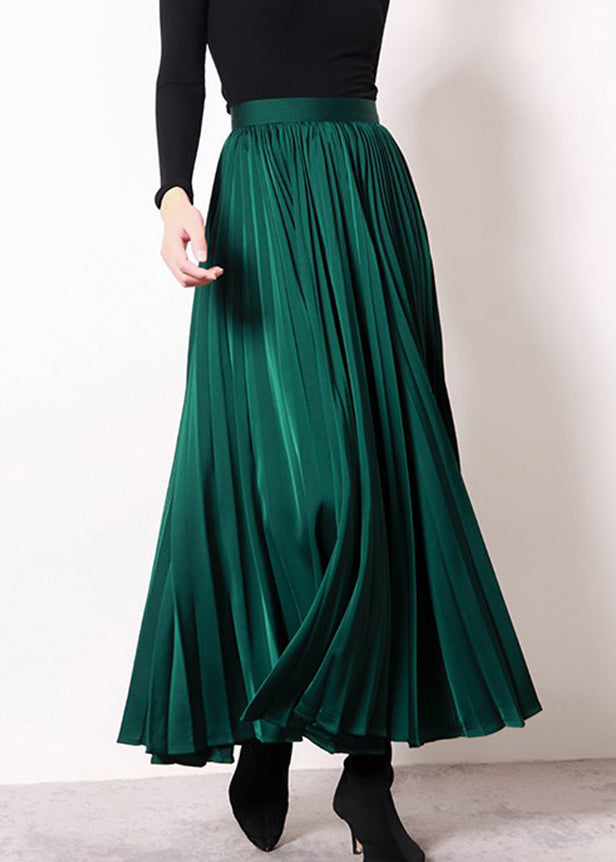 Simple Green Zippered Wrinkled High Waist Silk Skirt Spring