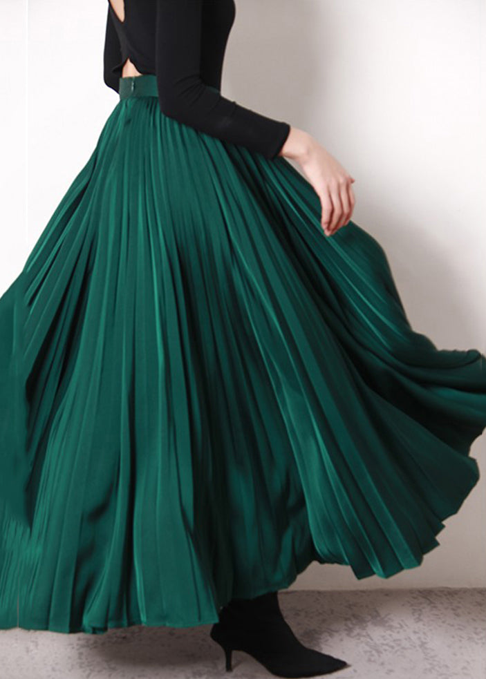 Simple Green Zippered Wrinkled High Waist Silk Skirt Spring