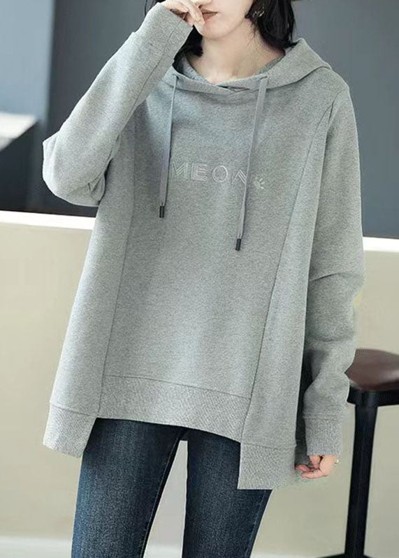 Simple Grey Asymmetrical Graphic Print Drawstring Cotton Sweatshirt Long Sleeve