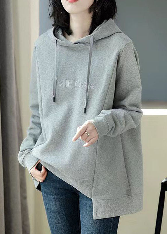 Simple Grey Asymmetrical Graphic Print Drawstring Cotton Sweatshirt Long Sleeve