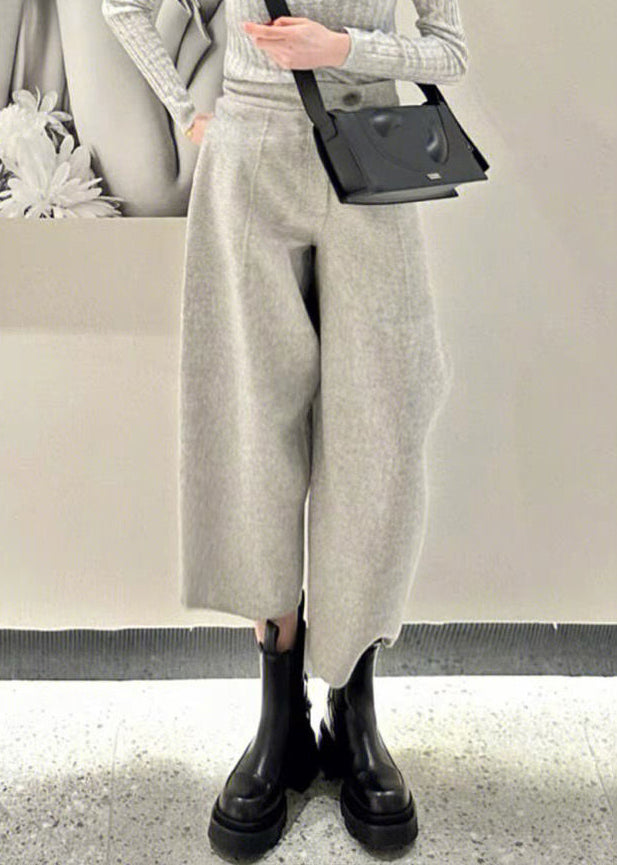 Simple Grey Button High Waist Woolen Crop Pants Winter