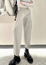 Simple Grey Button High Waist Woolen Crop Pants Winter