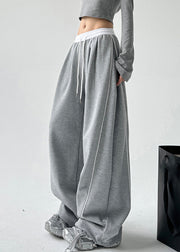 Simple Grey Elastic Waist Drawstring Wide Leg Pants Spring