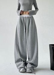 Simple Grey Elastic Waist Drawstring Wide Leg Pants Spring