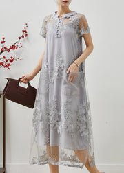 Simple Grey Embroidered Pockets Tulle Dress Summer