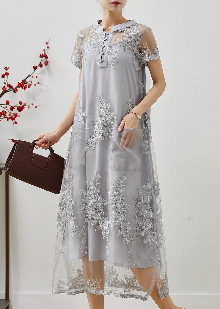 Simple Grey Embroidered Pockets Tulle Dress Summer