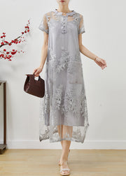 Simple Grey Embroidered Pockets Tulle Dress Summer