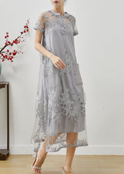 Simple Grey Embroidered Pockets Tulle Dress Summer