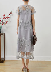 Simple Grey Embroidered Pockets Tulle Dress Summer