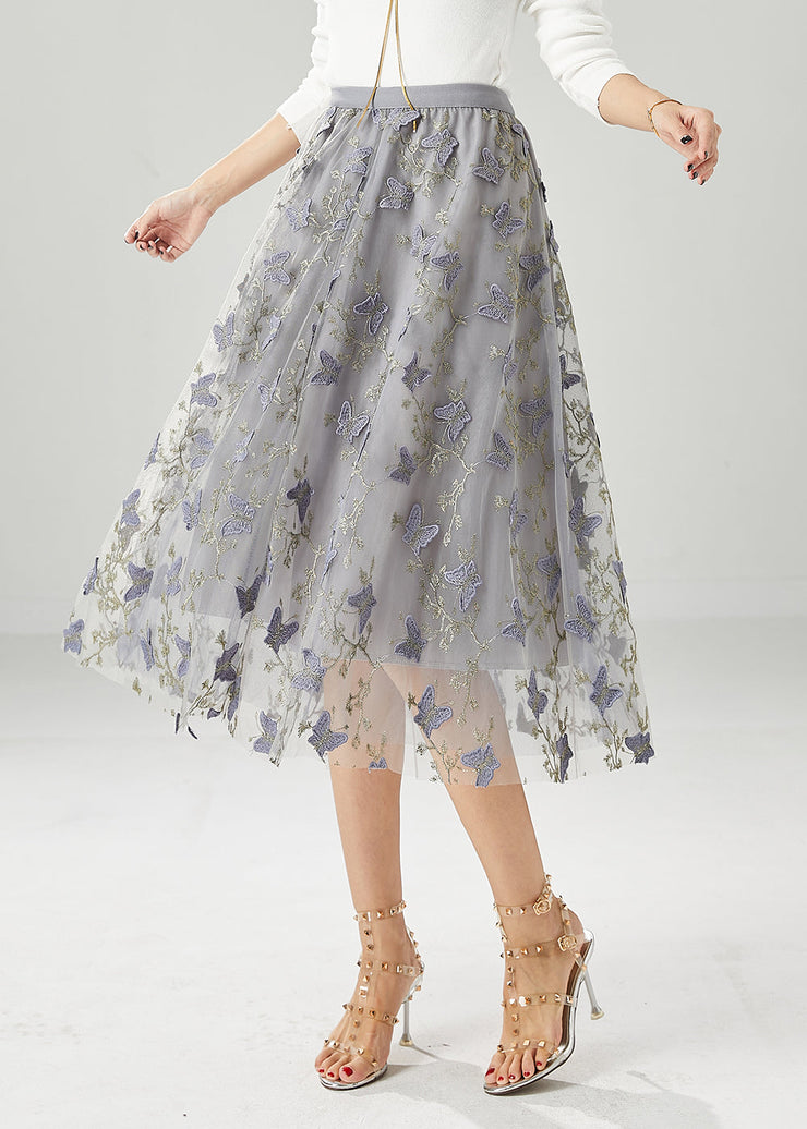 Simple Grey Embroidered Butterfly Tulle Skirt Fall